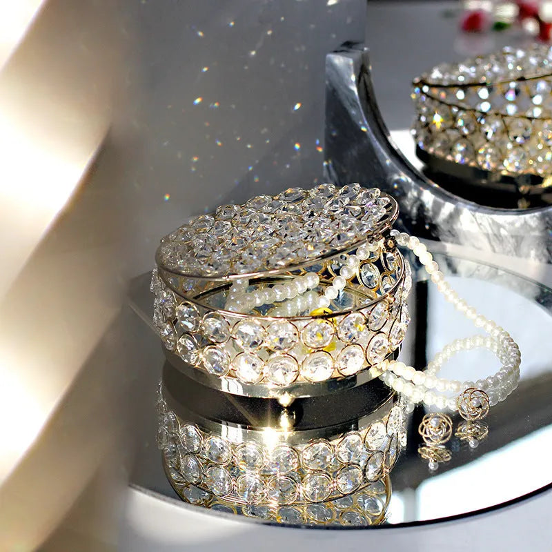 European-style jewellery box with crystal glass panels and French gold iron frame for visible storage