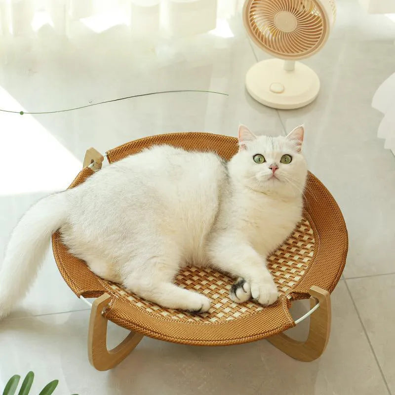 Brown woven rattan pet hammock bed measuring 46cm with off-ground design for cats and dogs