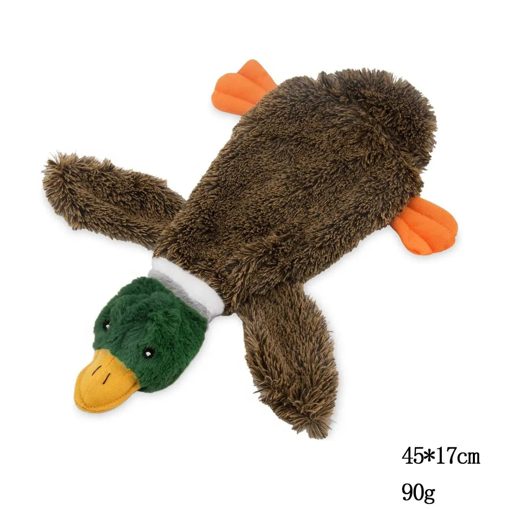 Green Wild Duck design stuffless dog toy with squeakers in head and tail