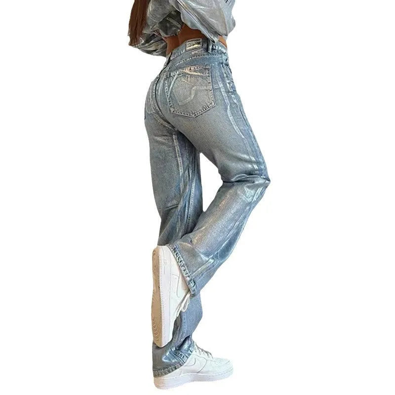 Washed blue high waist straight leg jeans with contrast stitching detail