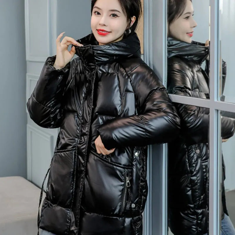Loose thick hooded winter jacket for women in black, blue, green, or champagne colour