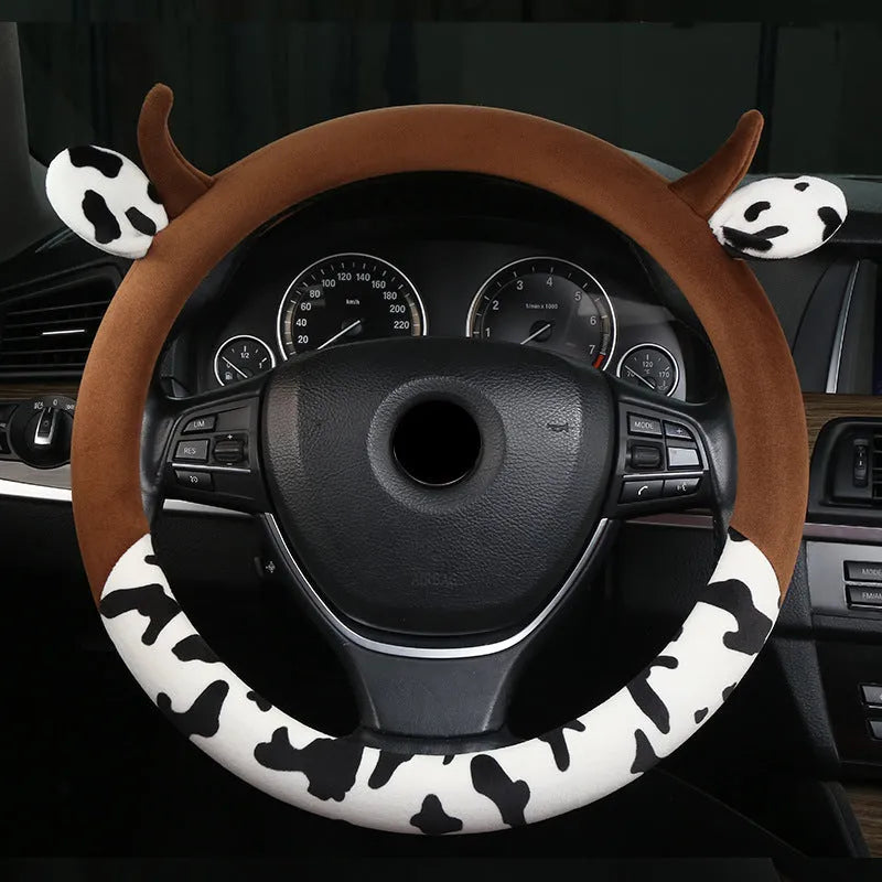 Plush car steering wheel cover with protective handle in black colour