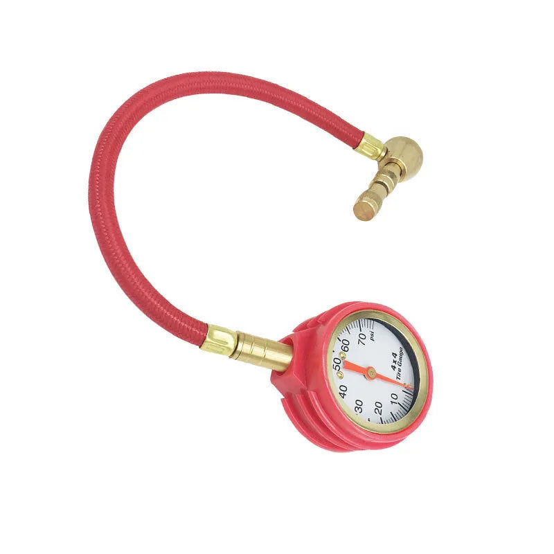 Mechanical automobile tire pressure gauge with copper interior and rubber shell in red and black colour options