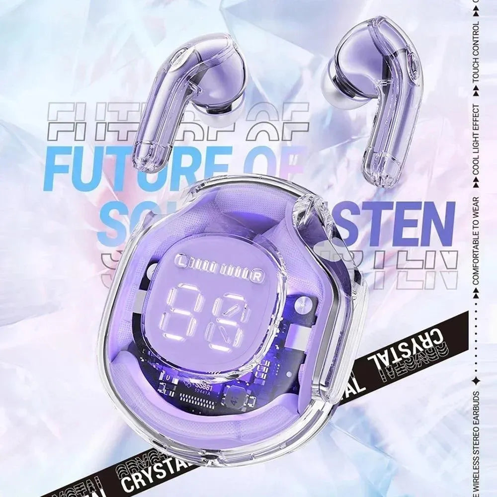 Transparent wireless Bluetooth headset showing internal components with breathing light