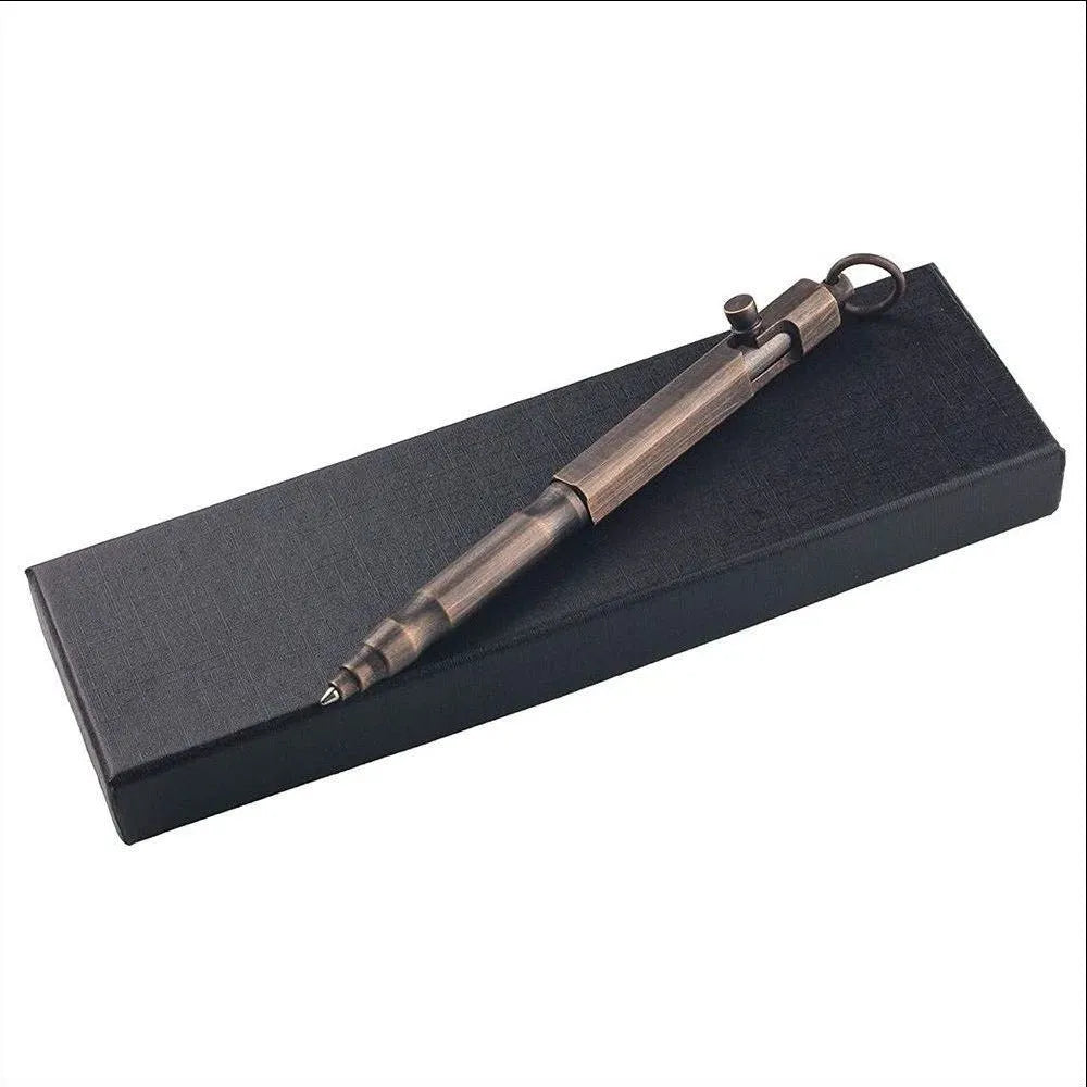 Vintage brass tactical pen with hexagonal bolt shaping, 13cm length, brass natural colour finish