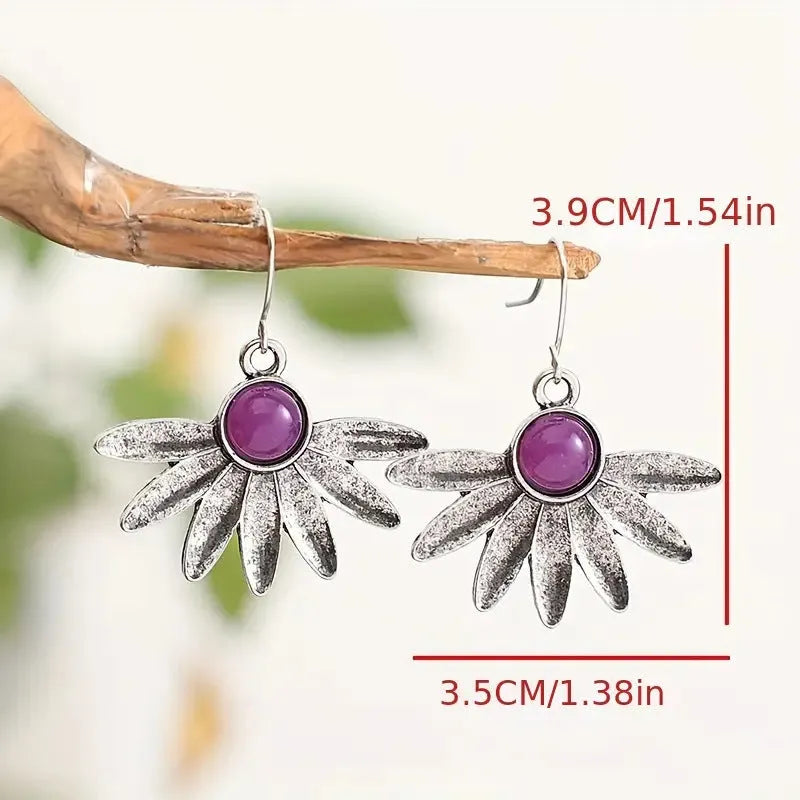 Purple resin Bohemian earrings with floral animal zodiac designs on alloy findings