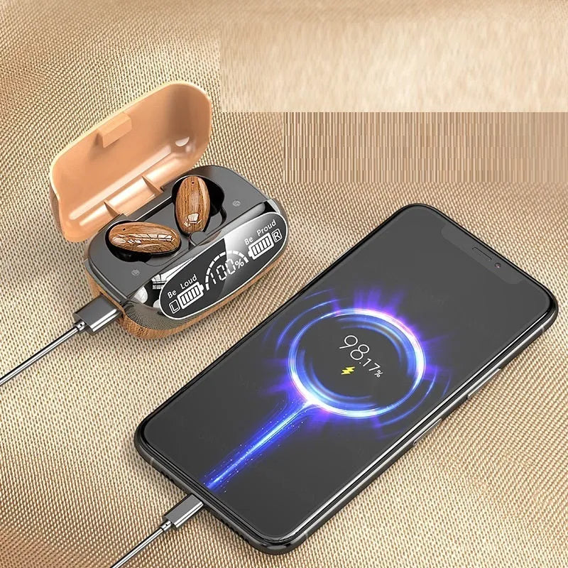 M35 wood grain wireless Bluetooth earbuds with charging case showing power display