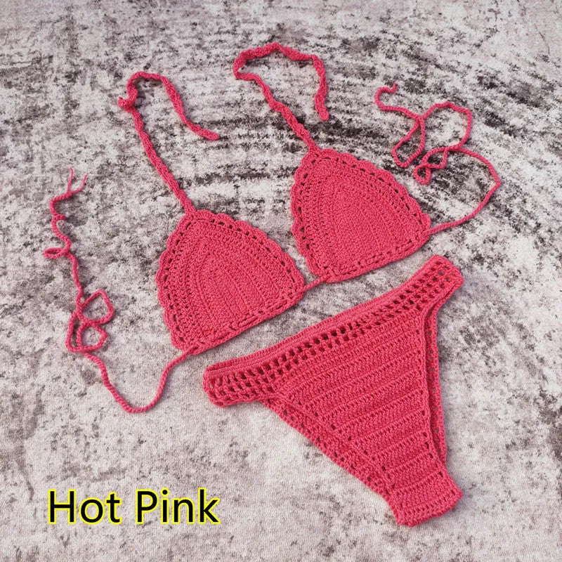 Women's 3-piece handmade crochet bikini beach skirt swimsuit set in solid colours