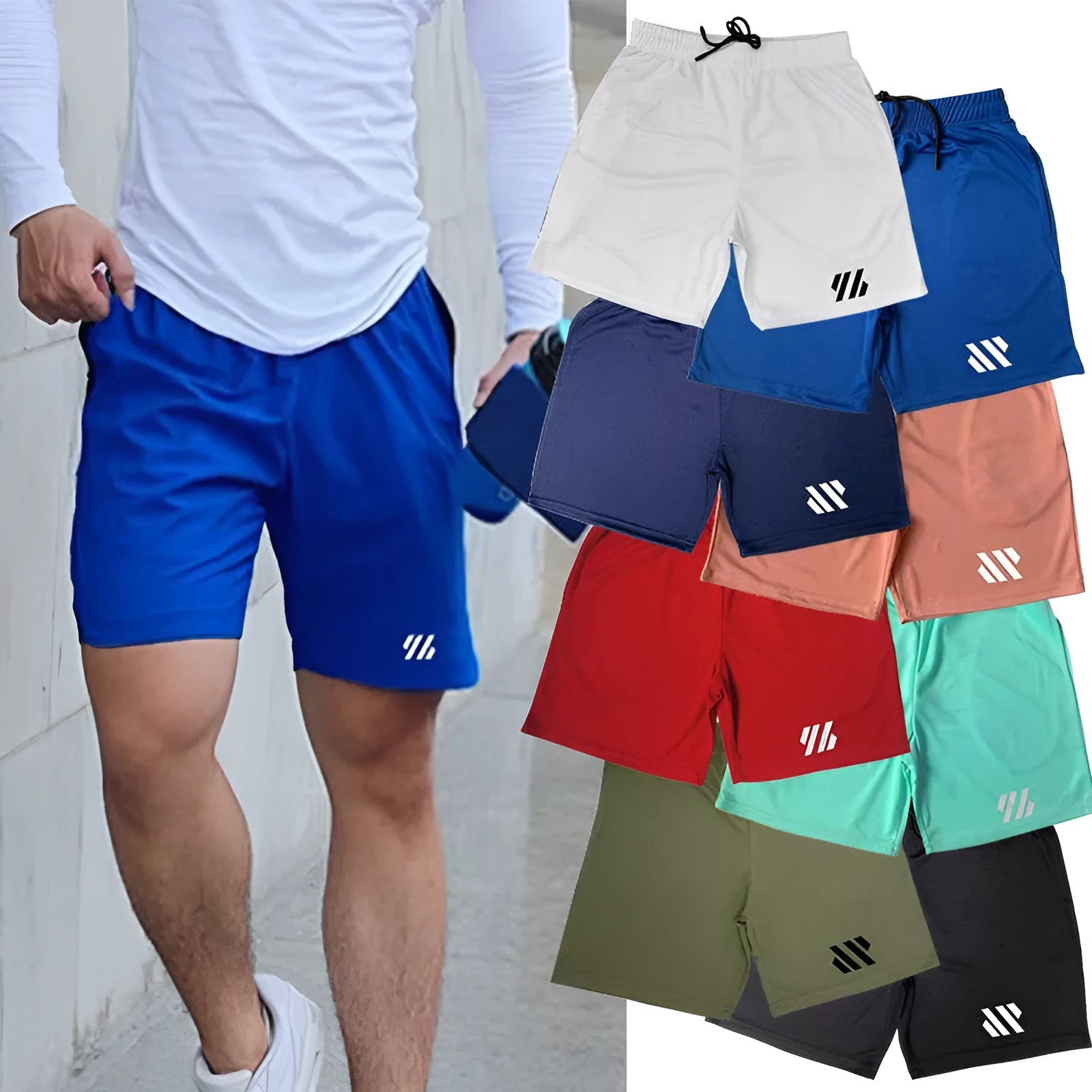 Loose-fit metal silk sports shorts for running in various colours on a size chart.
