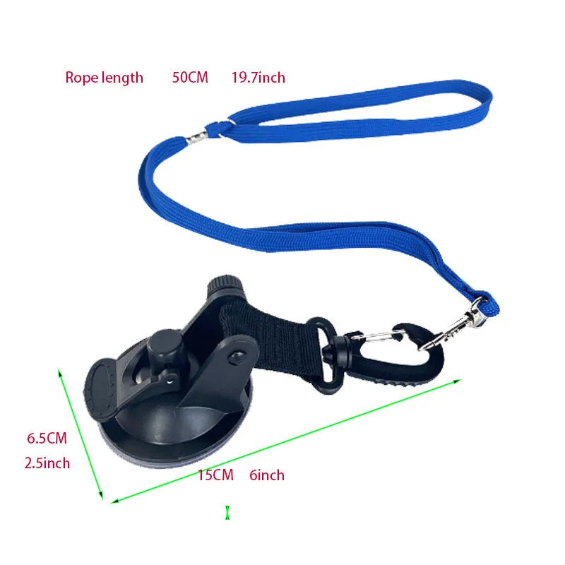 Pet bathing restraint with adjustable rope, handcuffs, and suction cups in black or blue colours