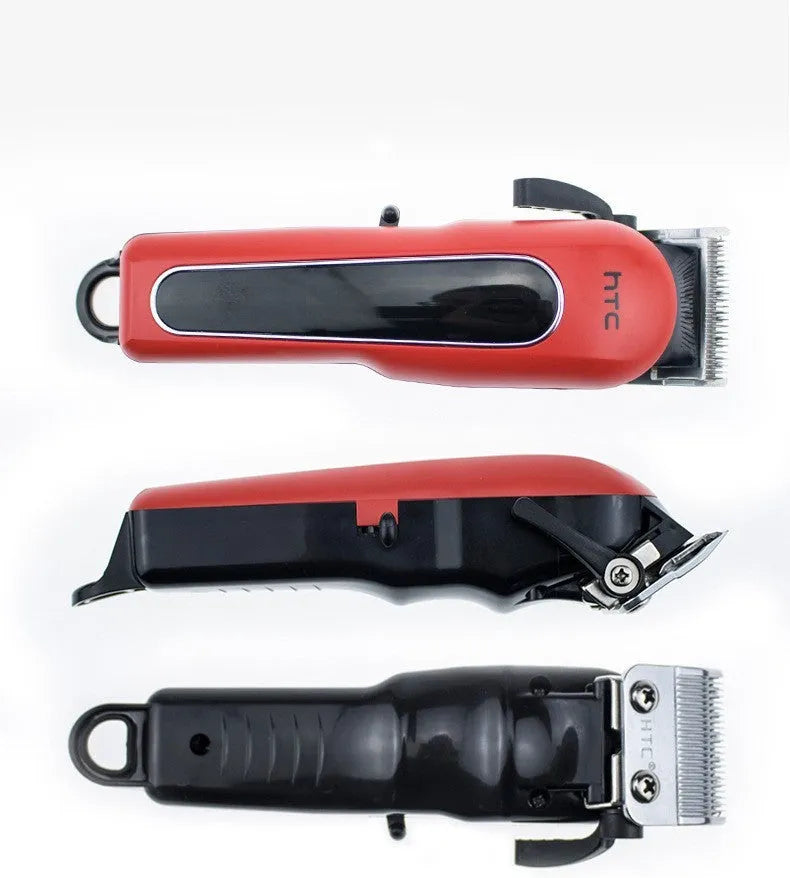 Black, red, and white digital hair clipper with brushless motor, four guide combs, charger, and cleaning tools.