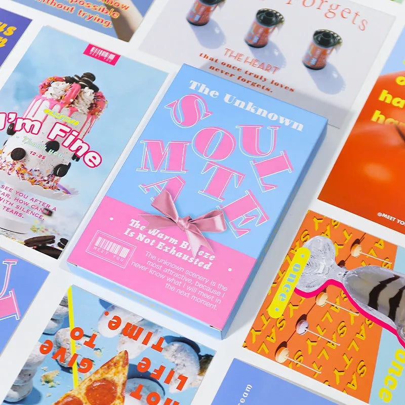 Box of fresh-style printed postcards showing the two design models for gift messages.