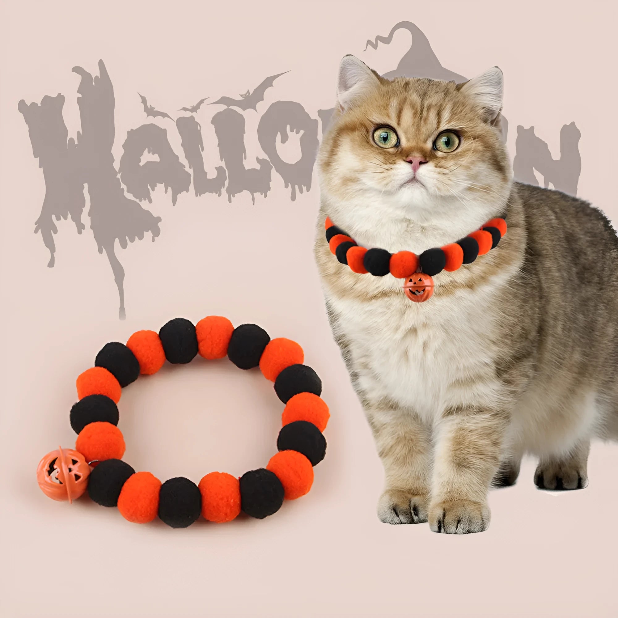 Funny orange pumpkin design cat collar with black details and an adjustable plastic buckle.
