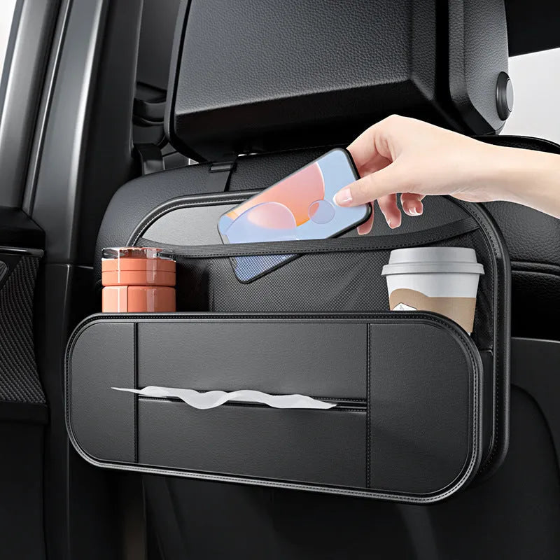Black genuine leather car seat back storage bag with multiple compartments