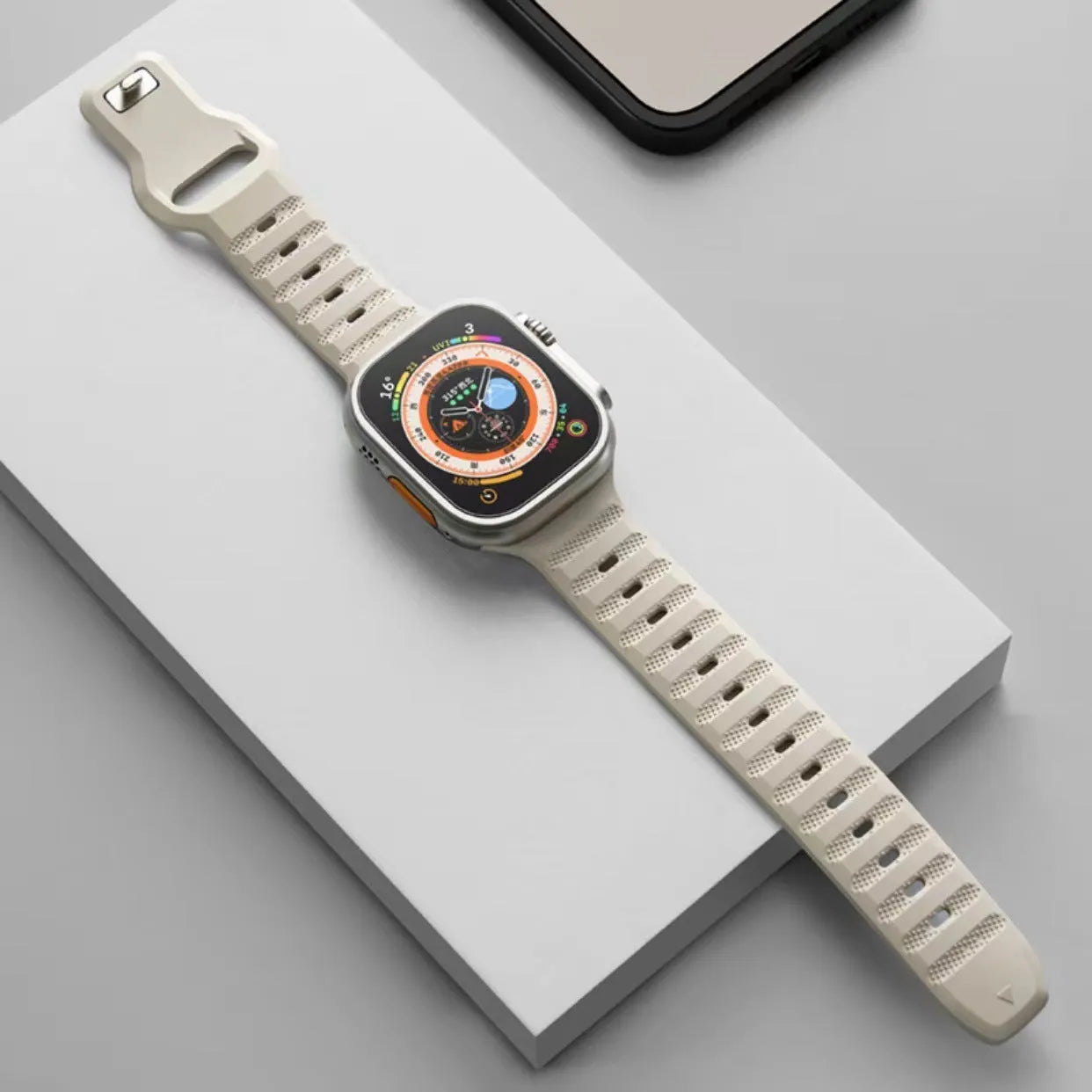 Fluoro rubber Apple Watch replacement strap in multiple colours with T buckle, compatible with Ultra and Series 8 to 1 models.