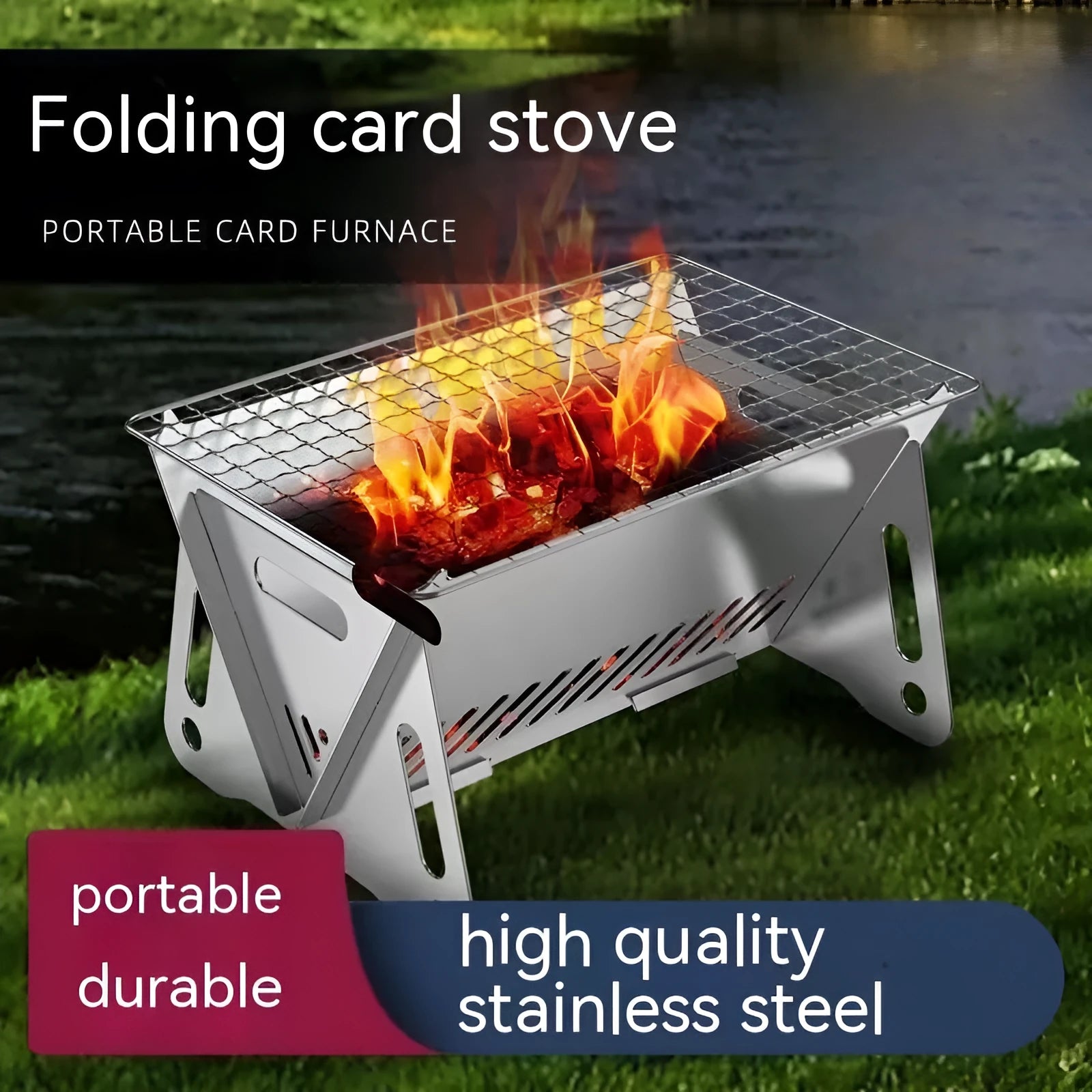 Folding stainless steel barbecue oven with large grill plate and storage bag