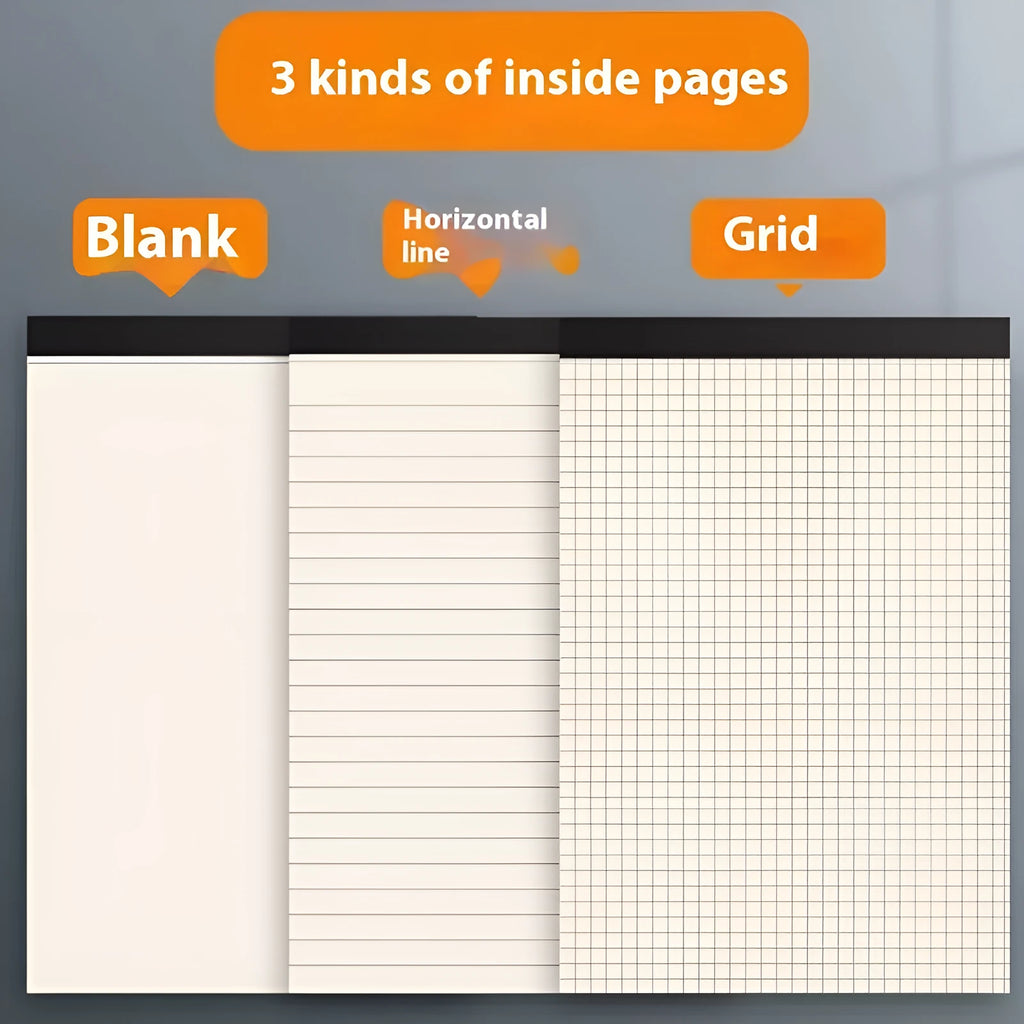 A5, B5 and A4 tearable writing pads with 80 sheets showing blank, grid and horizontal line ruling options