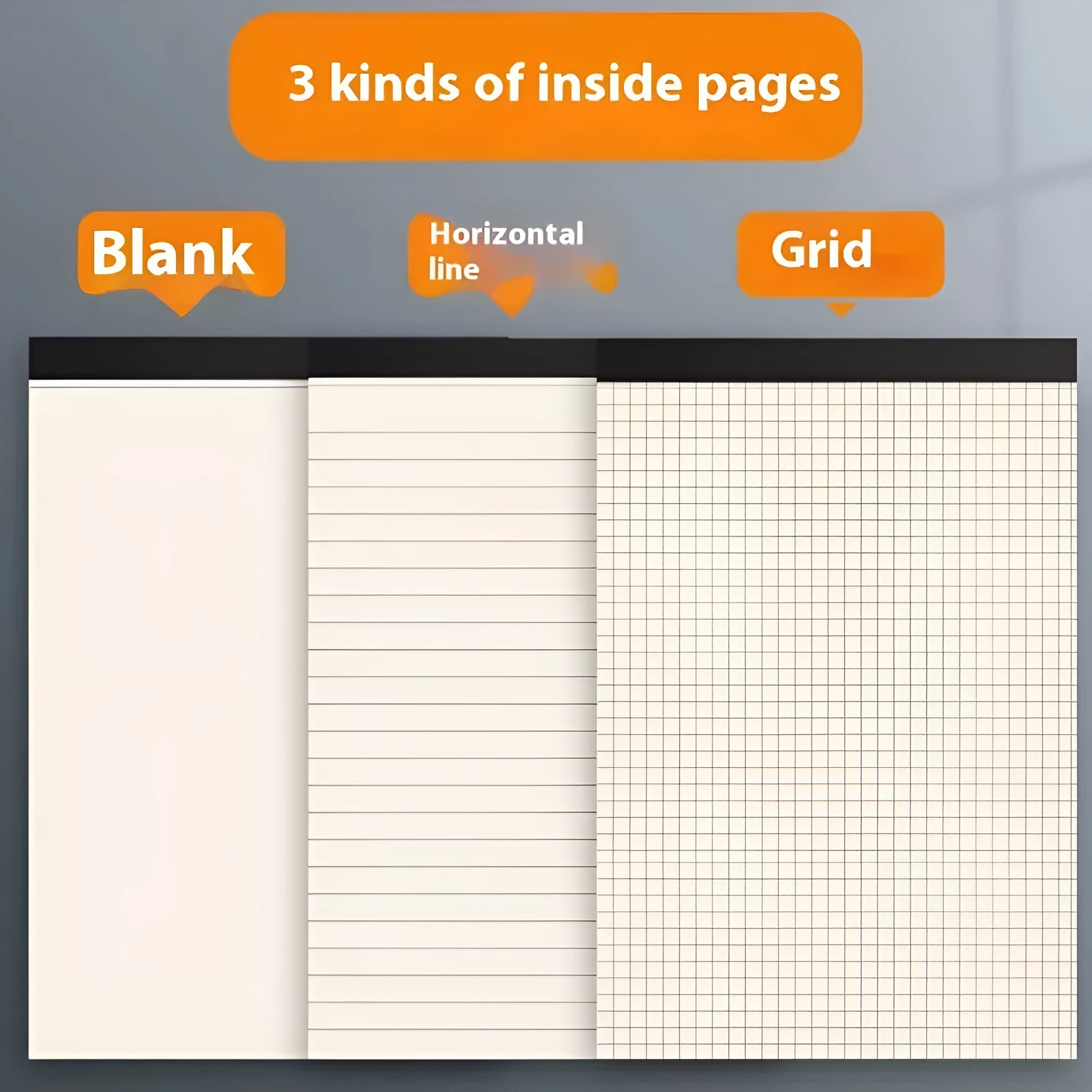 A5, B5 and A4 tearable writing pads with 80 sheets showing blank, grid and horizontal line ruling options