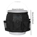 Black cylindrical polyester hanging storage bag fitted on 5 gallon barrel for tool organisation