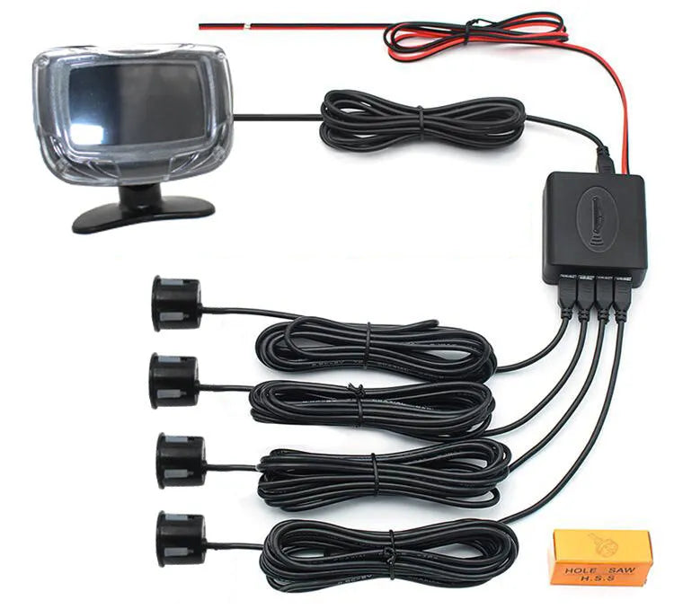 Wireless vehicle reversing sensor kit with LED display unit, four colour probes, power cable, and installation tools.