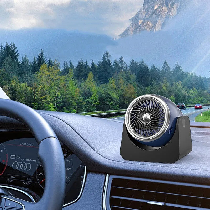 Navy blue 12V car heating fan with large air outlet for windshield defogging and frost removal