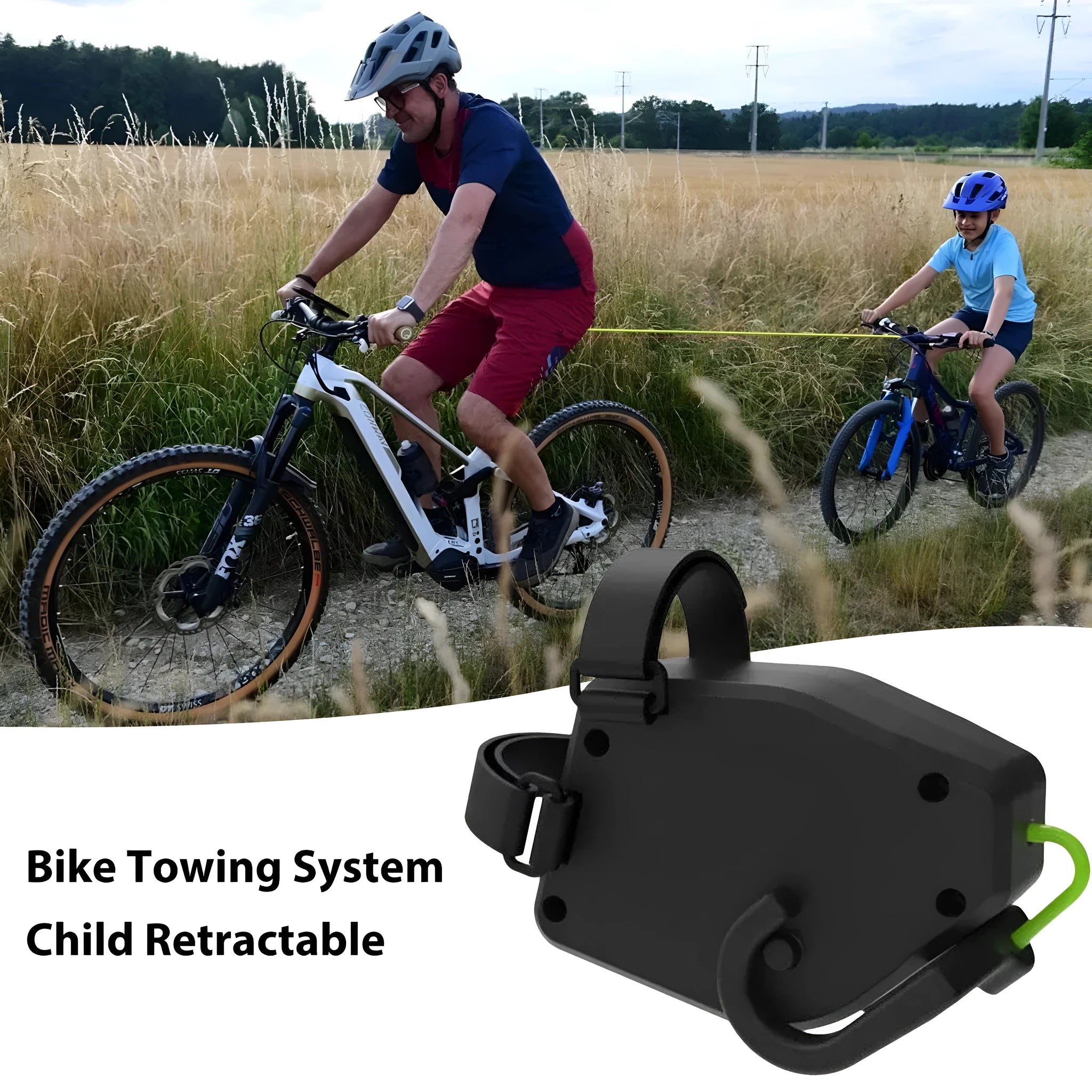 Black plastic and resin bicycle trailer towing rope for mountain bike trailer connection.