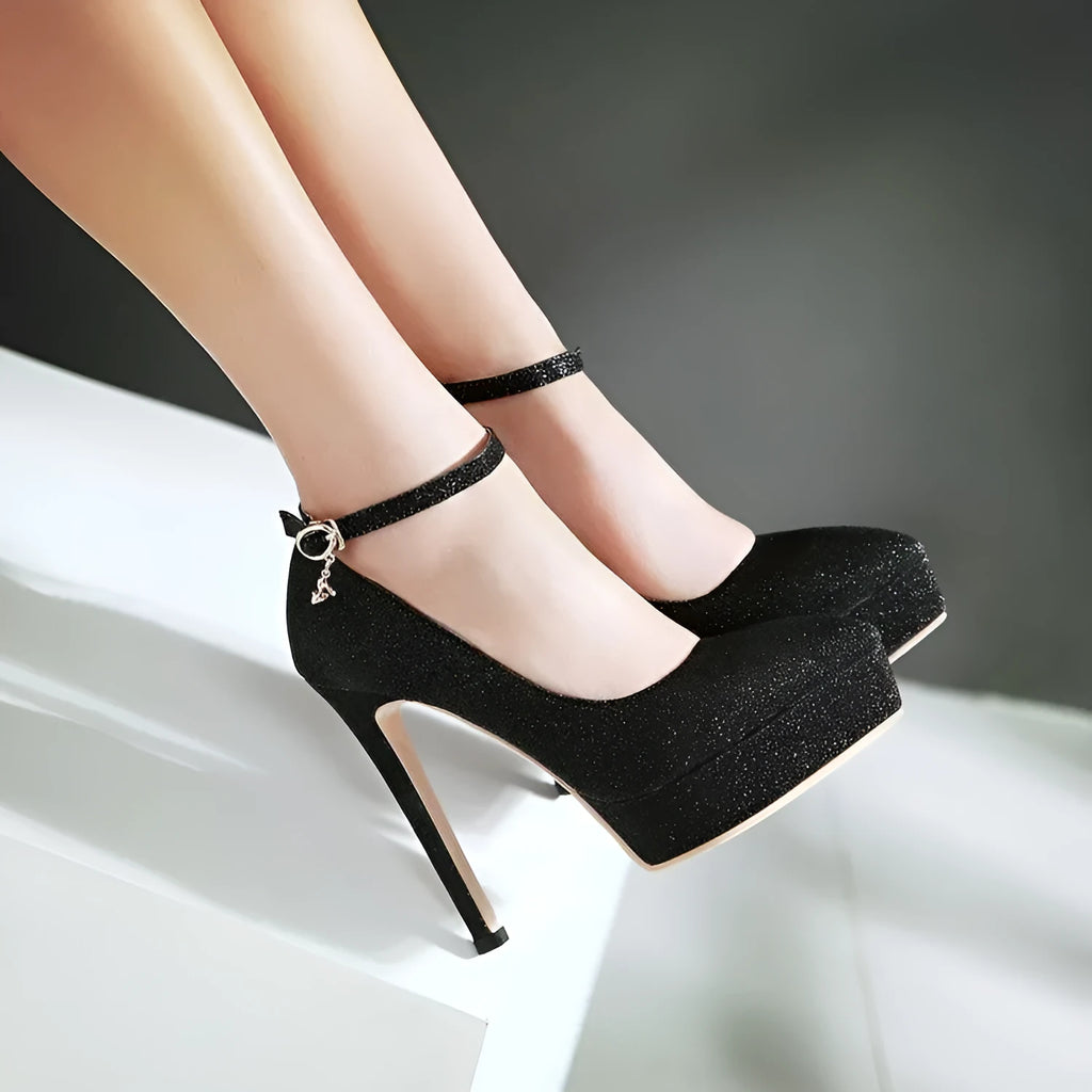 Women's stiletto platform Mary Jane shoes in black with 13cm heel and buckle ankle strap