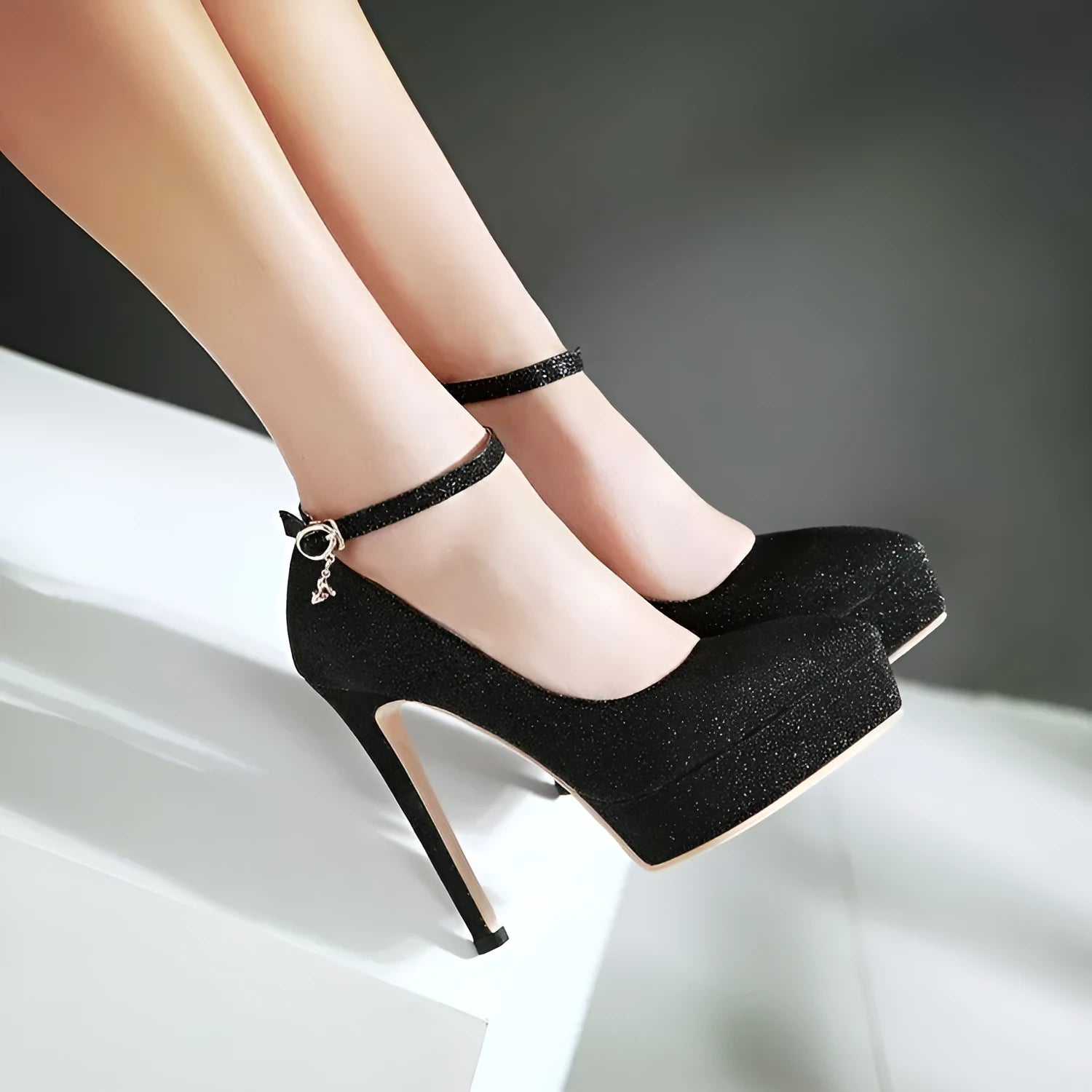 Women's stiletto platform Mary Jane shoes in black with 13cm heel and buckle ankle strap