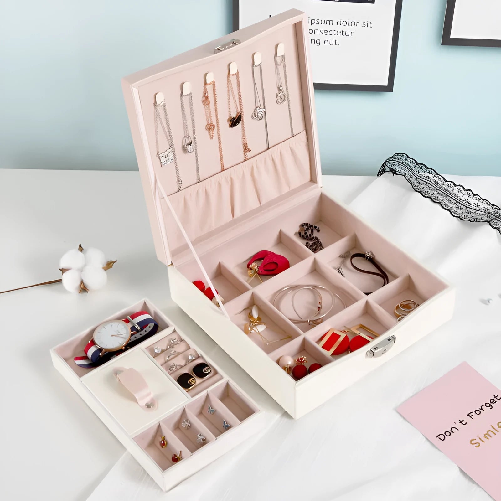 Red PU leather jewellery storage box with large capacity for rings and necklaces.