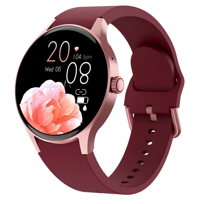 46mm smart sport watch with round colour touch screen shown in black, blue, pink, or red colours