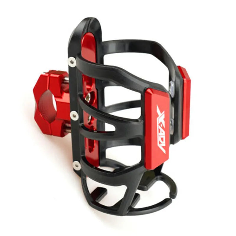 Black plastic water bottle cage mounted on Honda X-ADV scooter modified bumper