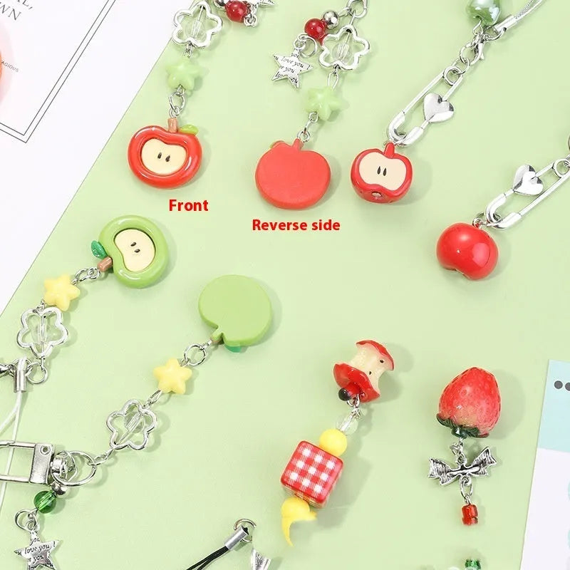 Mobile phone earphone bag pendant keychain with fruit designs including apple, strawberry, and apple core patterns