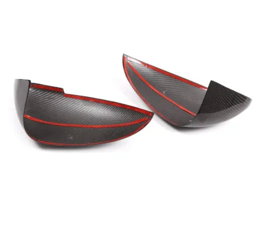 Black true carbon fibre rearview mirror cover for Porsche Macan, showing dimensions.