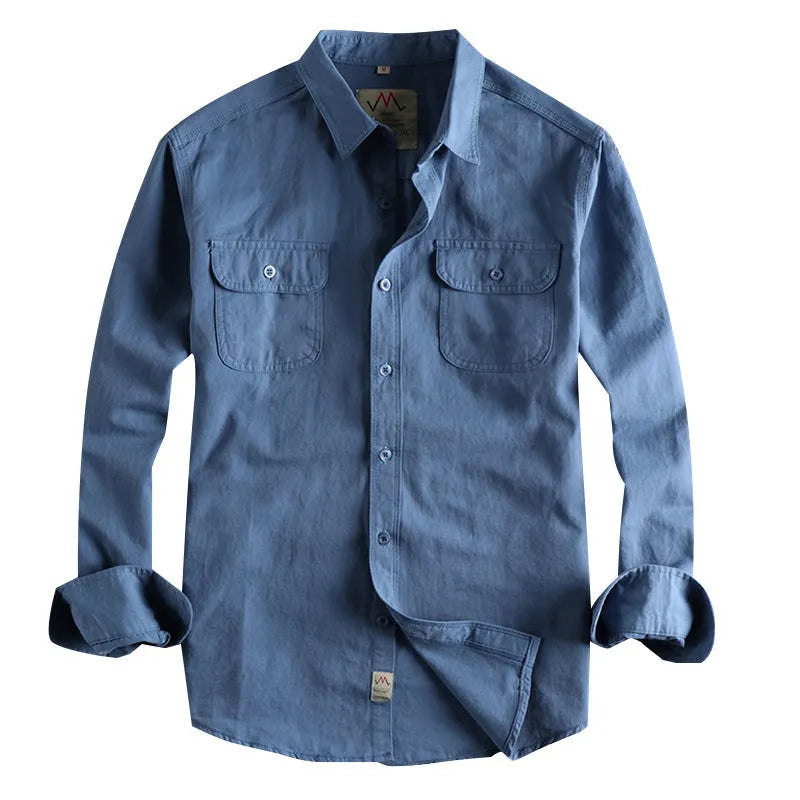 Men's white cotton cardigan-style shirt with long sleeves and regular fit