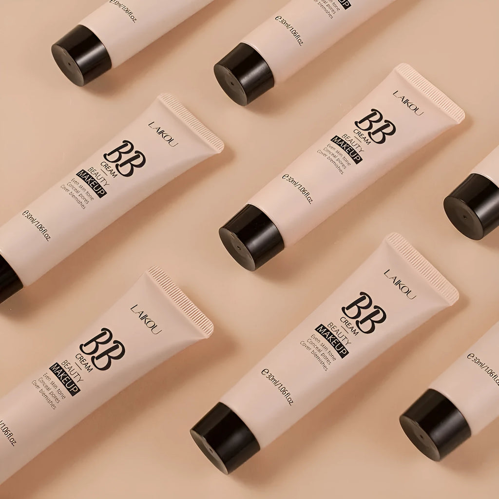 30ml BB cream bottle showing nine colour shades from ivory white to brown for natural makeup coverage