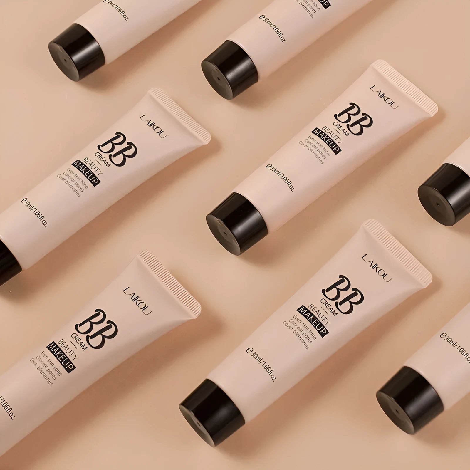 30ml BB cream bottle showing nine colour shades from ivory white to brown for natural makeup coverage