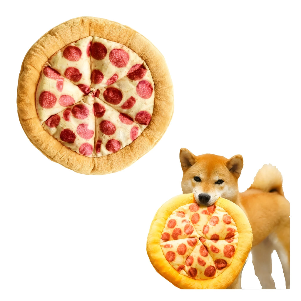 Yellow pizza slice dog chew toy with squeaker and dental grinding surfaces