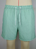 Men's navy blue striped beach shorts with triangle lining and straight leg opening