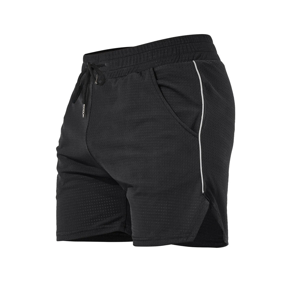 Men's straight cut polyester fitness shorts in black colour showing athletic design