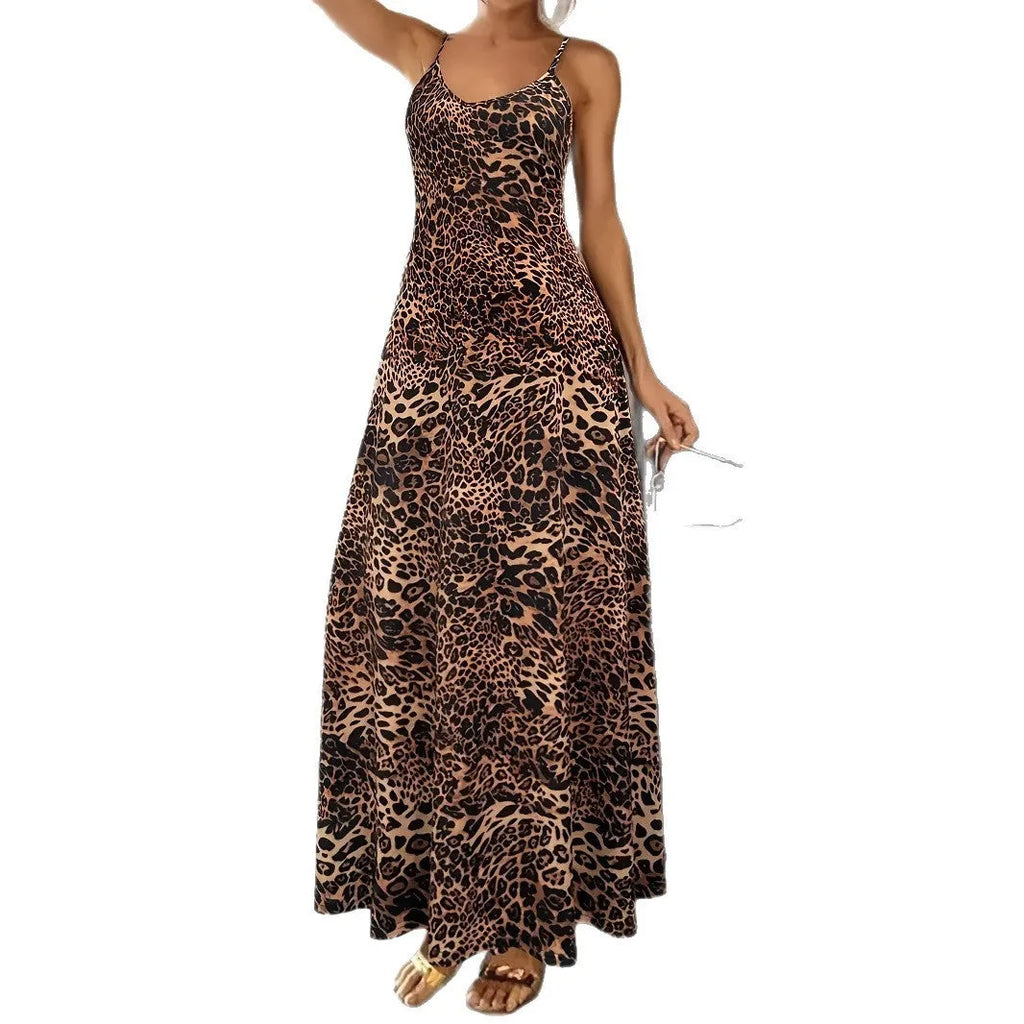 Dark brown leopard print sleeveless dress with round neck and sling shoulder straps