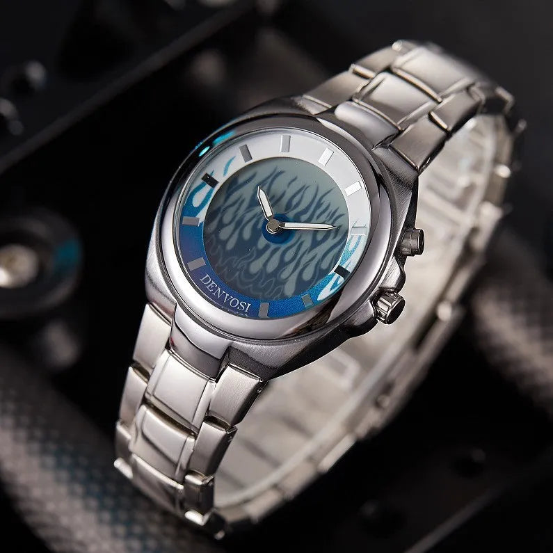 Men's Y2K vintage digital watch with dual display on a blue alloy strap with stainless steel buckle.