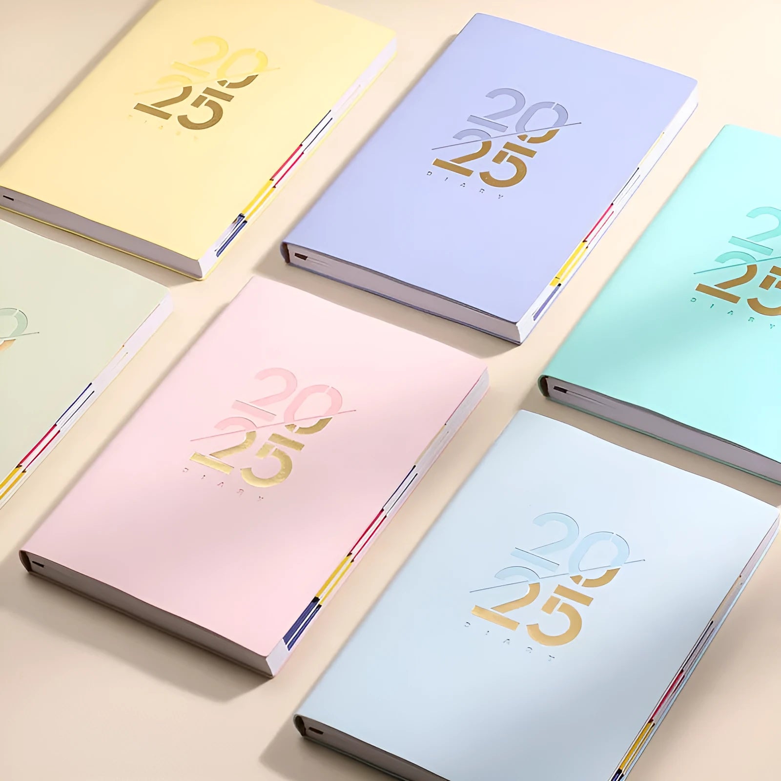 A5 2025 daily schedule book with faux leather cover in blue colour, open to show lined pages and thread binding.