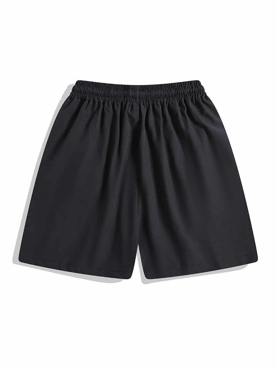 Men's black quick-drying sports shorts with elastic waistband in loose straight-leg cut above knee length