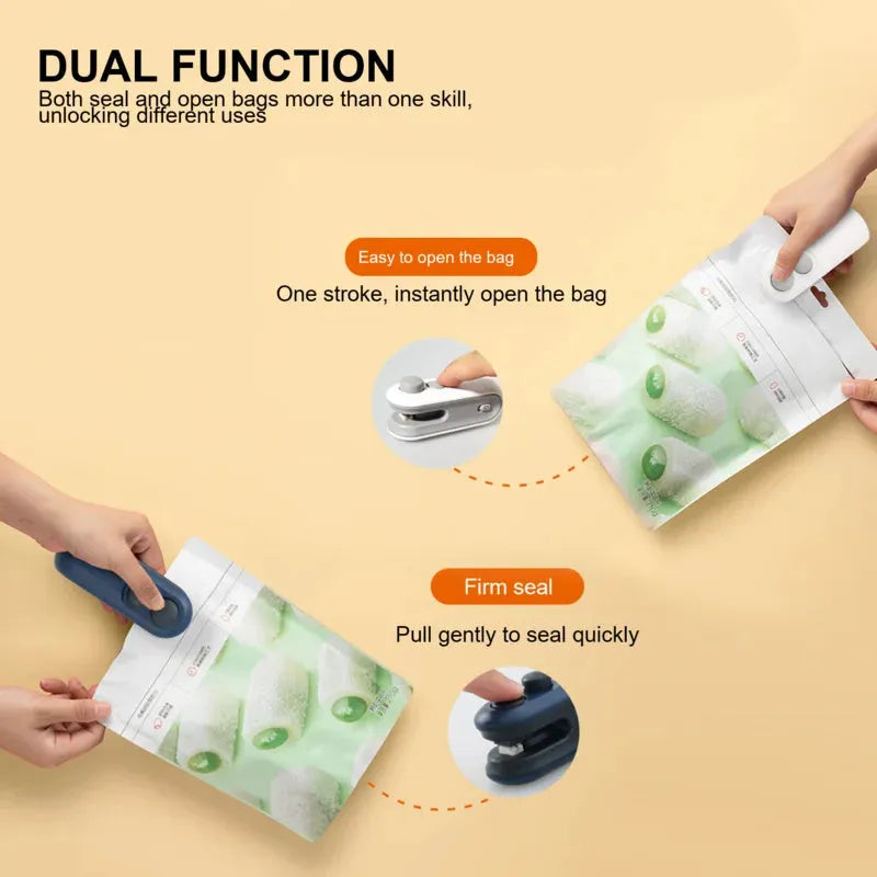 White handheld USB rechargeable heat sealer with cutter blade on a kitchen counter