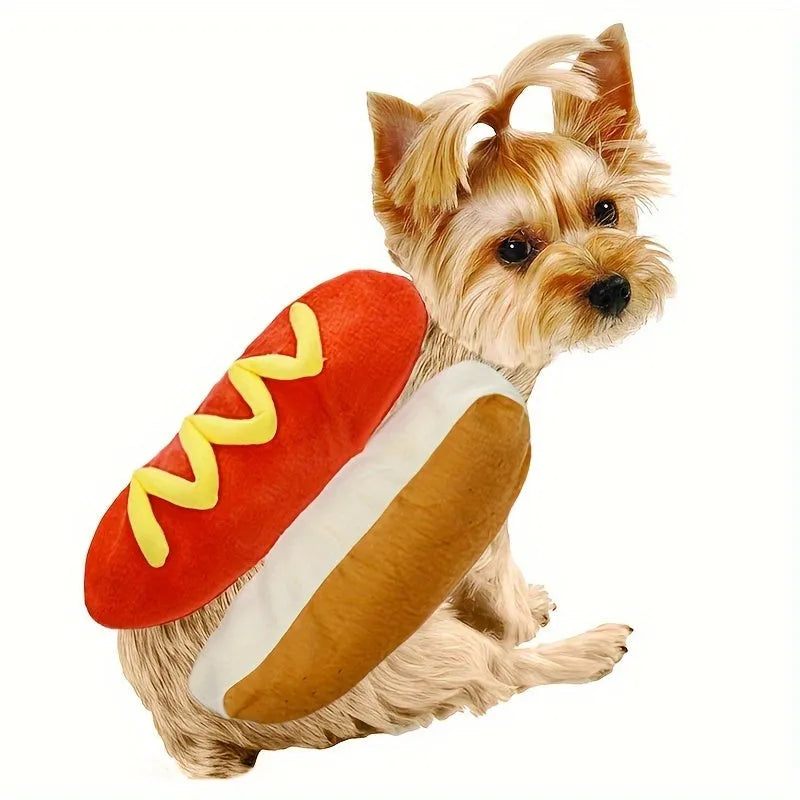 Red and brown plush hot dog costume on a small dog, showing velcro neck fastening.
