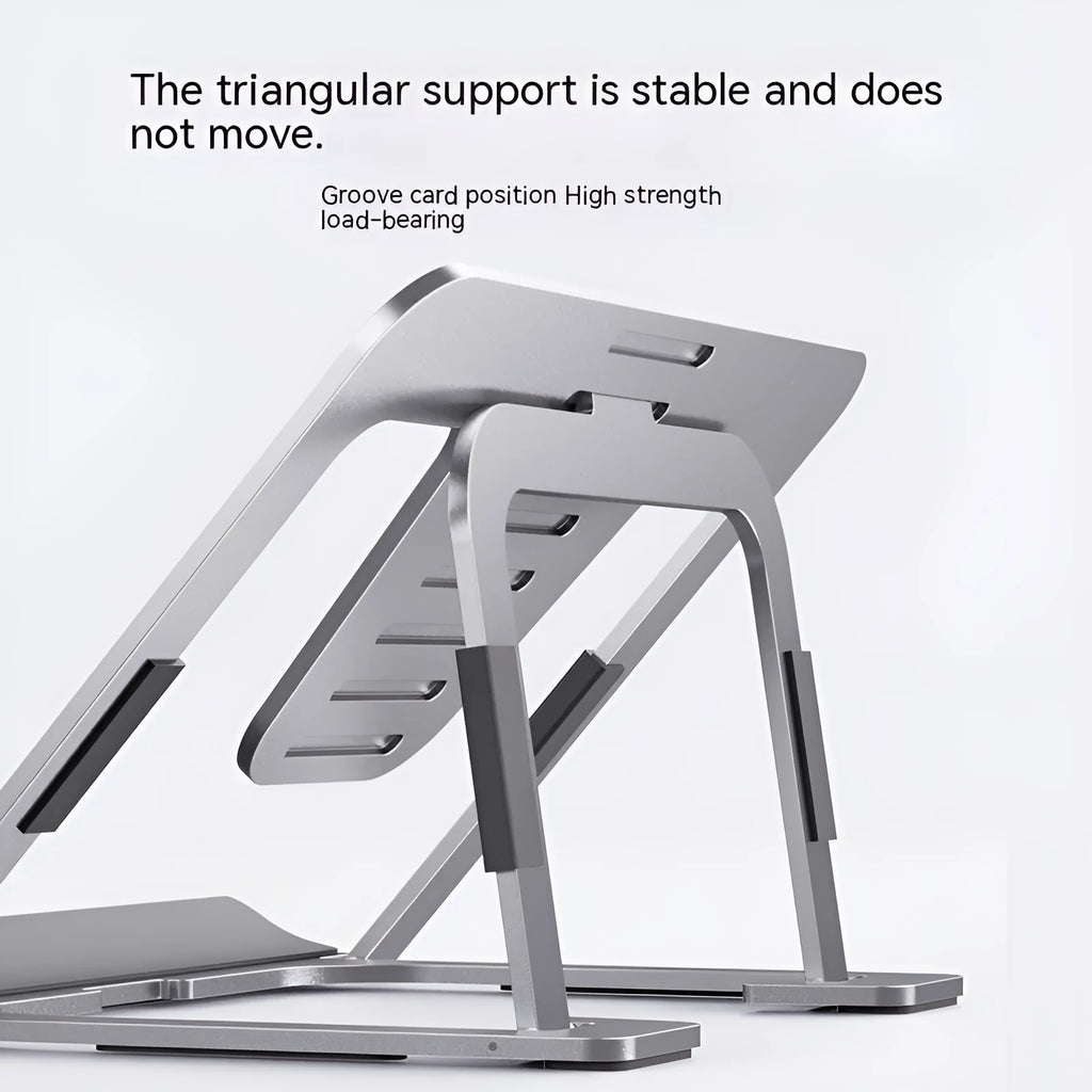 Foldable aluminum alloy tablet and phone holder stand in P63 dark gray on a desk