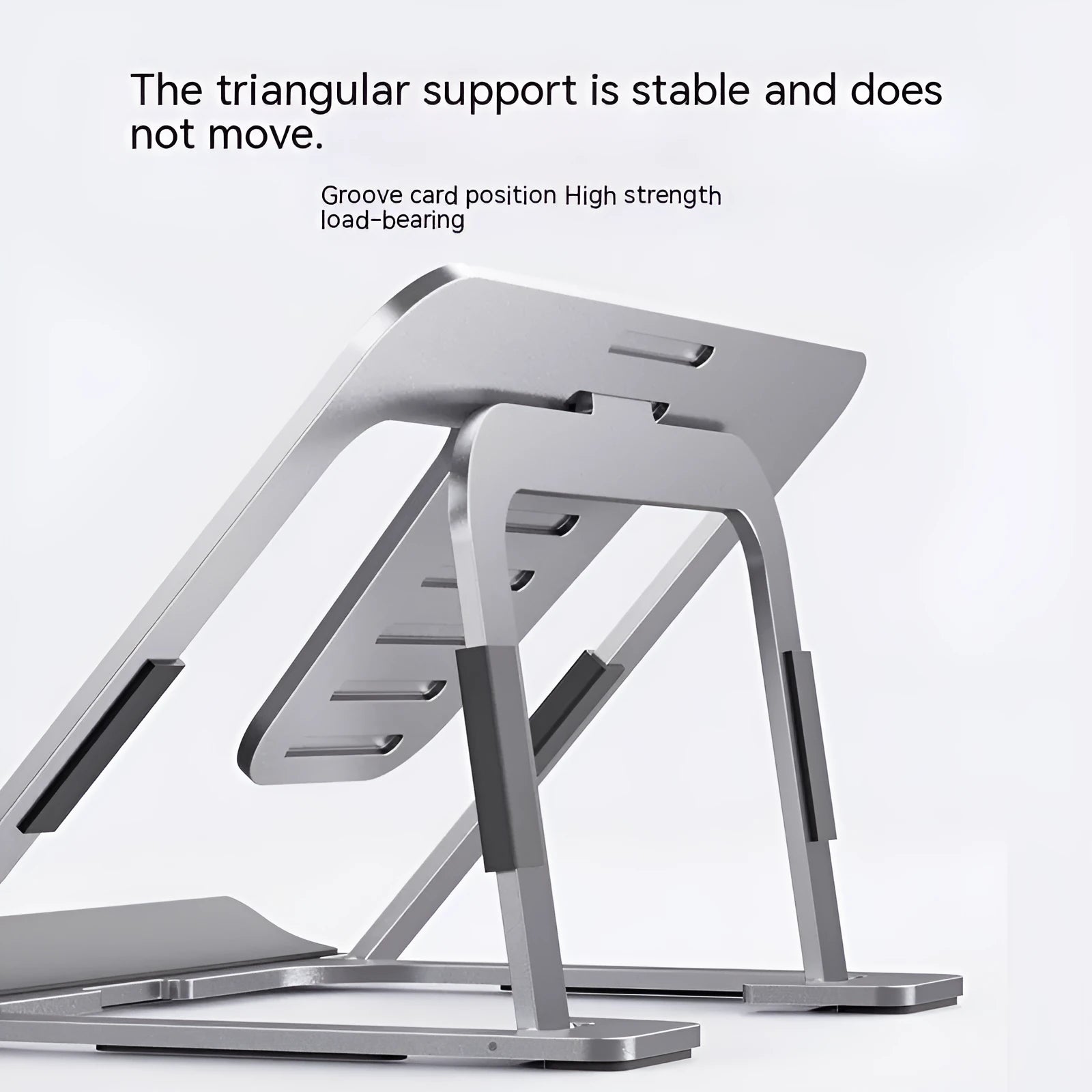 Foldable aluminum alloy tablet and phone holder stand in P63 dark gray on a desk
