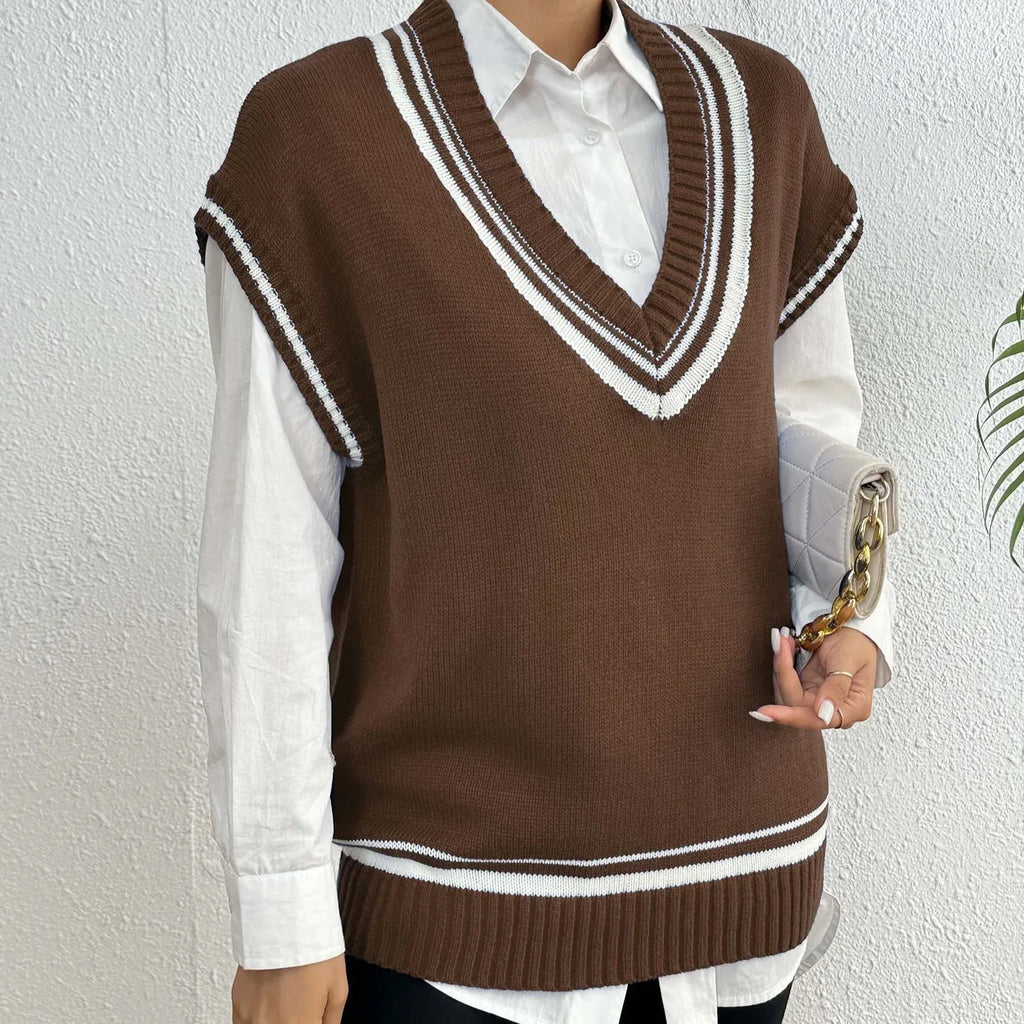 Women's college style wool vest sweater in acrylic polyester blend available in three colours