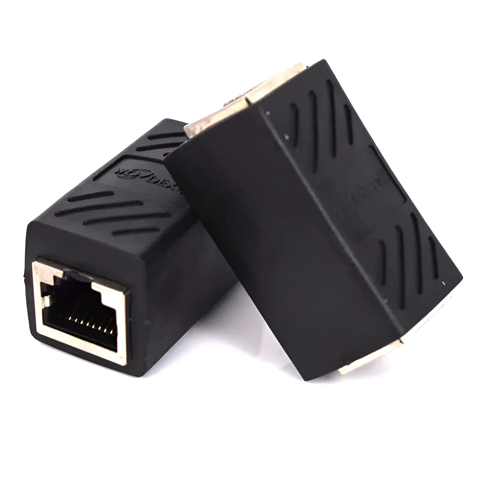 Black RJ45 female-to-female network cable extender coupler with a rotary union.