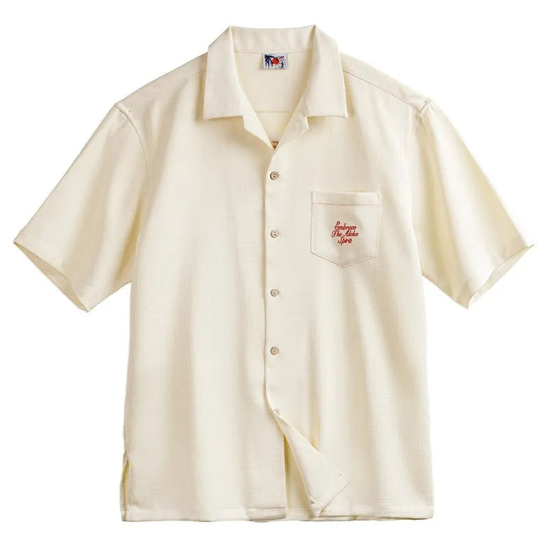 Light apricot Cuban collar men's shirt with bamboo plant and flower pattern